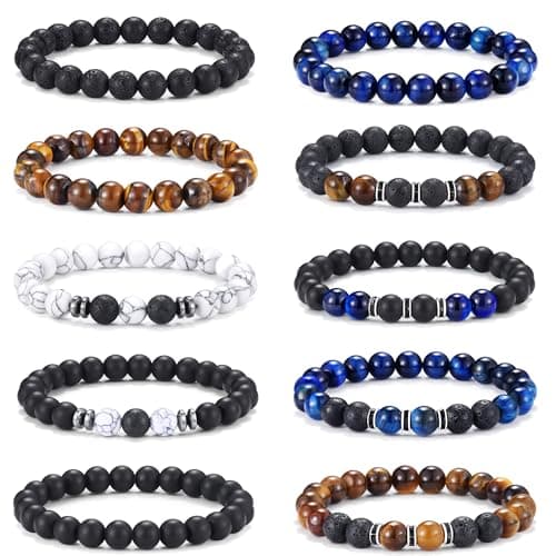 Jewdreamer 10PCS Tiger Eye Bracelet For Men 8MM Natural Stone Beads Bracelet Set Stretch Lava Rock Bracelets Adjustable Black Crystal Beaded Bracelet for Men Women Gifts