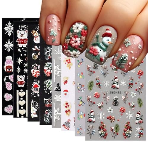 8 Sheets 5D Christmas Nail Art Stickers Self-Adhesive Embossed Cute Santa Claus Reindeer Xmas Tree Designs Cartoon DIY Xmas Nail Art Stickers Decals Christmas Nail Supplies for Women Nails Art Decor