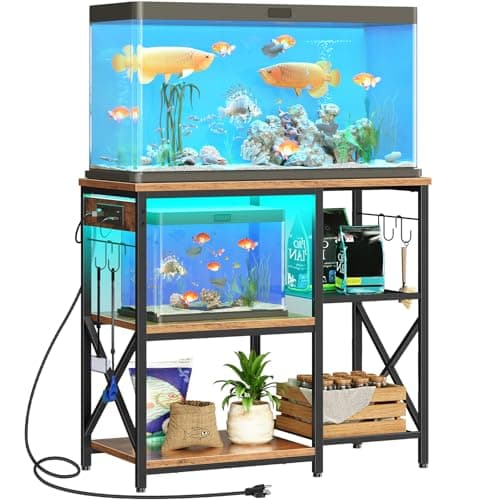 HOOBRO 20-29-37 Gallon Fish Tank Stand with Power Outlets and LED Light, Aquarium Stand with Storage Shelves, 35.4" L x 15.7" W, Reptile Tank Stand with Stable Metal Frame, Rustic Brown BF80UDFT01