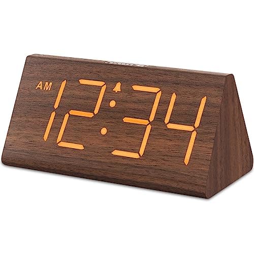 DreamSky Wooden Digital Alarm Clocks for Bedrooms - Electric Desk Clock with Large Numbers, USB Port, Loud Alarm for Heavy Sleepers, Adjustable Volume, Dimmer, Snooze, DST, 12/24H, Wood Décor (Brown)