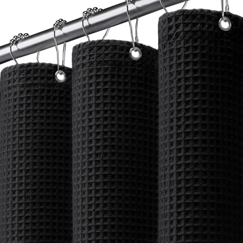 XOGUIBO Waffle Weave Shower Curtain - Black Cotton Fabric Texture Heavyweight Shower Curtain for Bathroom,Washable,72Wx72L