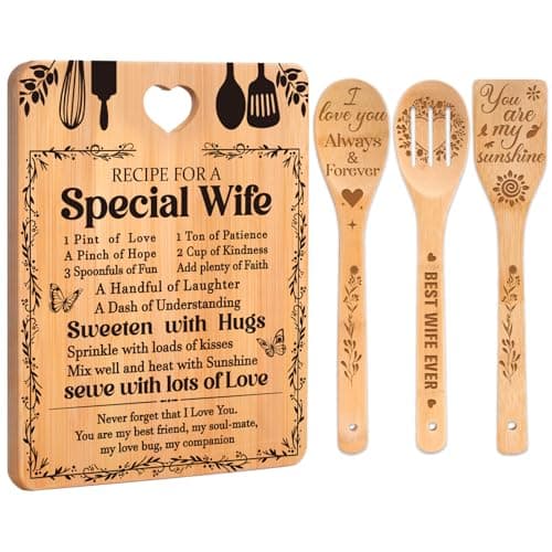 Valentine Day Gifts for Wife - "Recipe for a Special Wife" Valentine's Day Gifts for Her Cutting Board Set, Bamboo-Made Engraved Utensil Set Gifts for Wife