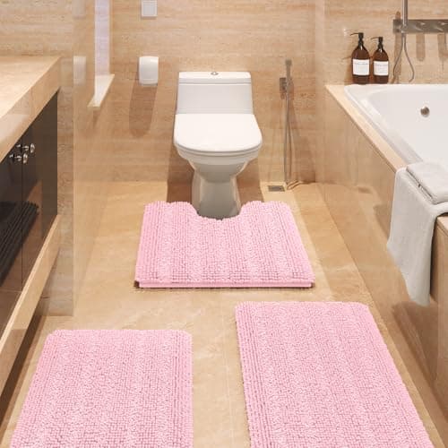 ACCUMTEK Striped Pink Bathroom Rug Set 3 Pieces Ultra Soft, Non Slip Chenille Toilet Mat, Absorbent Plush Shaggy Bath Mats for Bathroom, Bedroom, Kitchen