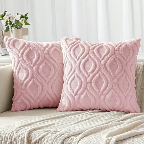 MIULEE Light Pink Valentines Throw Pillow Covers 18x18 Inch, Soft Spring Plush Faux Wool Couch Pillow Covers Set of 2 Decorative Farmhouse Boho Throw Pillows for Sofa Living Room Bed