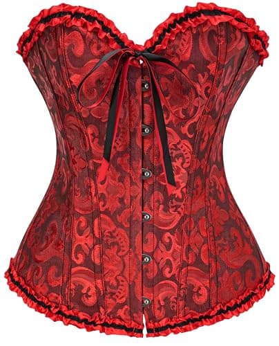 Vrapo Black and Red Corset Top for Women | Overbust Lace Up Waist Cincher Shapewear Lingerie - Size S