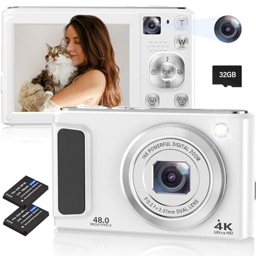 4K Digital Camera, 48MP Autofocus Cameras for Photography,Vlogging Compact Camera with Front and Rear Camera, 16X Zoom Protable Point and Shoot Cameras with 32GB SD Card,Anti-Shake,2 Batteries(White)