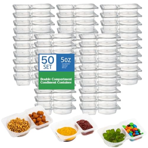 JUSTASHOW 50 Pack Double Compartment Condiment Container with Lid, 5oz Disposable Small Snack Container 2 Compartment for Meal Prep, Salad Dressing, Dipping Sauce, Travel Snacks