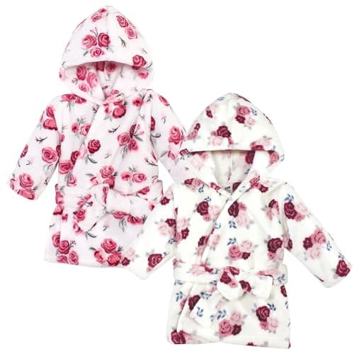 Hudson Baby Unisex Baby 2Pc Plush Animal Face Bathrobe, Rose Floral, 0-9 Months