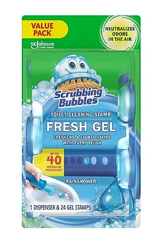 Scrubbing Bubbles Fresh Gel Toilet Bowl Cleaning Stamps, Helps Keep Toilet Clean and Helps Prevent Limescale & Toilet Rings, Rainshower Scent, 1 Dispenser with 24 Fresh Gel Stamps