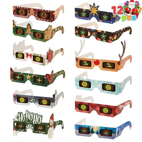 JOYIN 12 Pcs Christmas 3D Diffraction Paper Glasses, Xmas Eyeglasses with 12 Frame Designs & 6 Glass Patterns, 3D Glasses with Diffraction Effect for Light, Adult Kid Xmas Accessory Party Favor Props