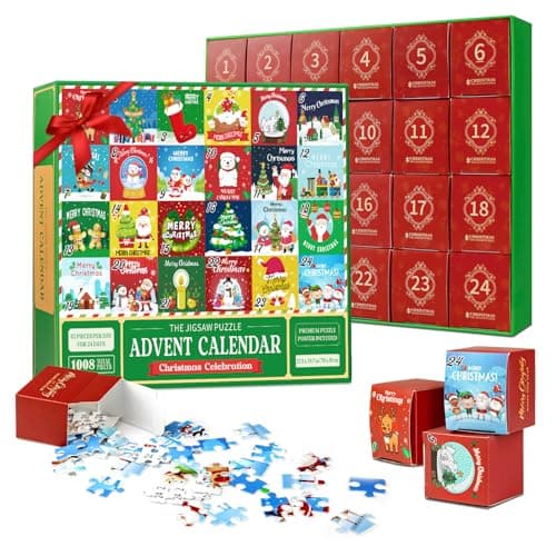 Advent Calendar 2024 Kids Jigsaw Puzzle, 1008-Piece 24-Day Christmas Countdown Advent Calendar Puzzle, 24 Cute Patterns, Christmas Gift & Stocking Stuffers for Kids, Teens, Boys, Girls, 27.6×19.7In