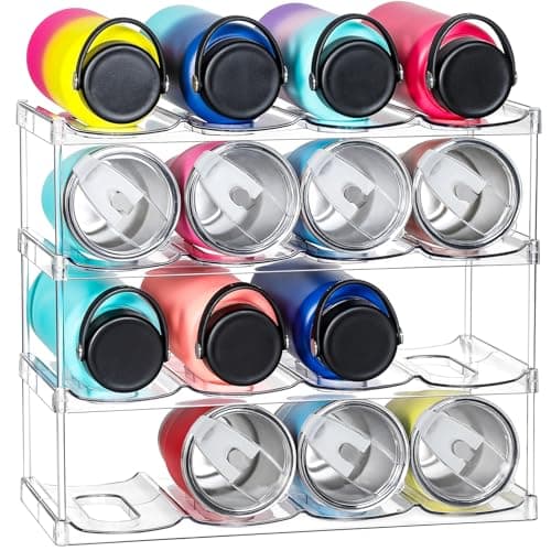 LARGER Compartment - 4 Tier Stackable Water Bottle Organizer Holder - for Stanley 40oz & Others' Large Tumbler - Clear Wine Rack, 16 Cup Bottle Holder for Cabinet Home Countertop Fridge Pantry Shelf