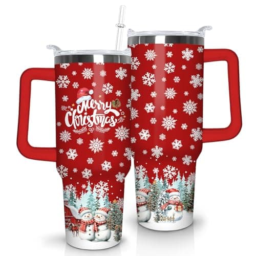 qoepfnsh Christmas Tumbler 40 oz Christmas Tumblers with Handle and Straw Farmhouse Red Snowman Stainless Steel Insulated Coffee Cups Mugs Christmas Gifts Stuff Decor for Women Girls