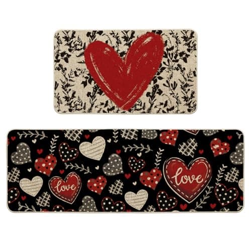 Artoid Mode Classic Button Heart Valentines Kitchen Mats Set of 2, Low-Profile Home Decor Kitchen Rugs for Floor - 17x29 and 17x47 Inch