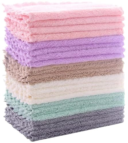 24 Pack Kitchen Dishcloths - Does Not Shed Fluff - Reusable Dish Towels, Dish cloths, Super Absorbent Coral Fleece Cleaning Cloths, Nonstick Oil Washable Fast Drying, 7 x 9 Inch (Multicolor)
