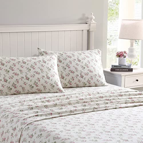 Laura Ashley - Flannel Sheets Twin Size, Anti-Pilling & Wrinkle Resistant Cotton, Touchably Soft for All-Season Comfort - Bed Sheets with Matching Pillowcase & Fitted Sheet (Audrey Pink)