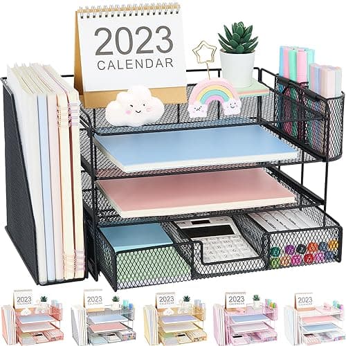 OPNICE Desk Organizers and Accessories, Desk Accessories & Workspace Organizers for Office Supplies, File Organizer Desk Drawer Organizer with 2 Pen Holders, 4 Tier Paper Organizer for Desk(Black)