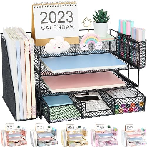 OPNICE Desk Organizers and Accessories, Desk Accessories & Workspace Organizers for Office Supplies, File Organizer Desk Drawer Organizer with 2 Pen Holders, 4 Tier Paper Organizer for Desk(Black)