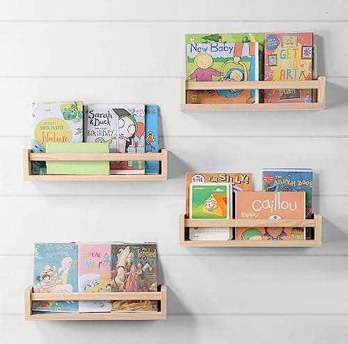 DUICIRX Nursery Room Shelves Set of 4, Wood Floating Book Shelves for Kids Room, Baby Book Shelf for Nursery, Kitchen Spice Rack (Natural Wood)