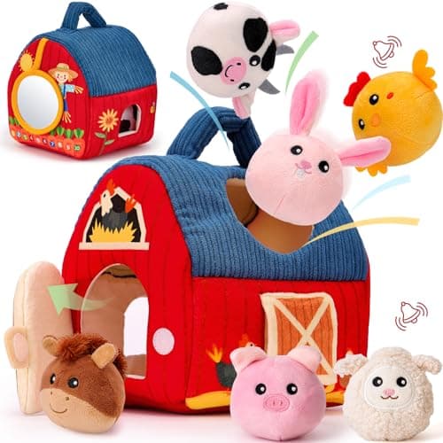 hahaland Baby Toys 6-12 Months - Surprise Barn Stuffed Farm Animals, Rattle, Crinkle, Mirror, Montessori Toys for 6 Month Old Babies Sensory Balls Toddlers 1-3 Plush Gifts Baby Easter Basket Stuffers