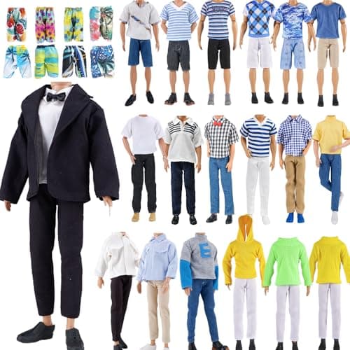 E-TING 10-Item Fantastic Pack = 1 Black-tie Suit with a Shirt Set + 3 Sets of Casual Wear Clothes Outfit + 1 pc Swim Trunks +5 Pairs Shoes for boy Doll Random Style