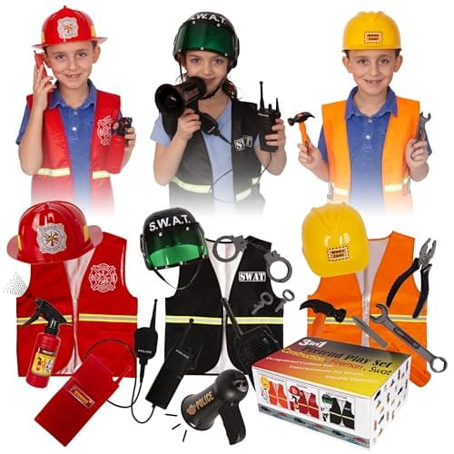 Tigerdoe Kids Construction Costume Set - Hat & Vest - 3 Dress Up Sets (Construction, SWAT, Fireman)