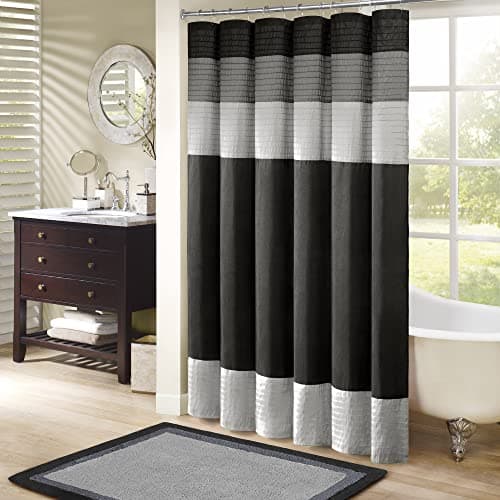 Madison Park Amherst Bathroom Shower Curtain Faux Silk Pieced Striped Modern Microfiber Bath Curtains, 72x72 Inches, Black