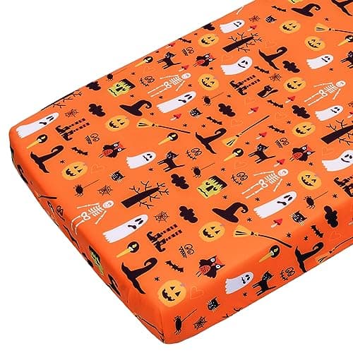 JISEN Baby Crib Sheet 1 Piece Portable Fitted Crib Sheet for Standard Crib and Toddler Mattresses Nursery Bed Decor for Boys Girls 28x52 Halloween Ghost