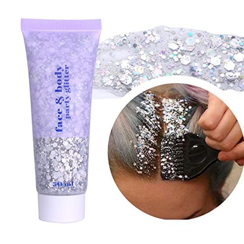 DAGEDA Body Glitter Gel, Body Sequins Shimmer Liquid Eyeshadow, Chunky Glitter for Face Hair Nails, Holographic Cosmetic Laser Powder Festival Glitter Makeup 50ml(Silver)