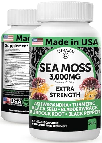 Lunakai USA Made Irish Sea Moss Capsules with Black Seed Oil, Ashwagandha, Burdock Root & Bladderwrack - 3000mg Immune Support, 60ct