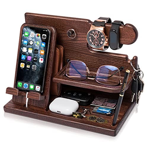 TESLYAR Wood Phone Docking Station for Men - Desk or Nightstand Organizer - Birthday Gifts for Husband, Dad - Anniversary Idea from Wife - Key Holder, Stand Wallet, Watch & Essentials (Bourbon Brown)