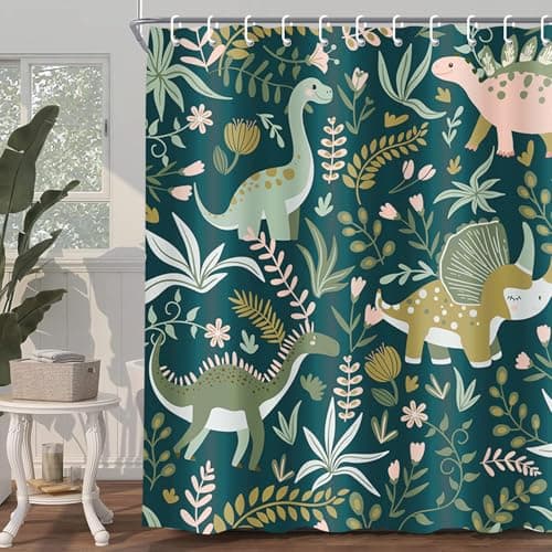 Funny Dinosaur Black Shower Curtains,Kids Shower Curtains, Cute Dinosaur for Boys Girls, Green Plant Leaf Dino Themed Bathroom Decor with Hooks Waterproof Fabric Polyester Bathtub Decorative (Green)