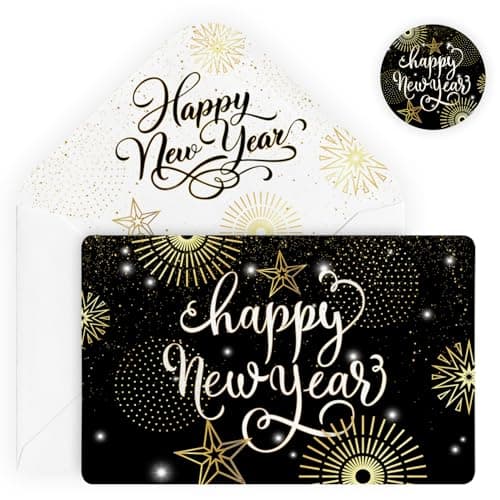 Artoid Mode 24 Pack Happy New Year Thank You Cards Star Fireworks Greeting Cards Gift With Envelope Sticker Blank Note Cards for Birthday Wedding Baby Shower Bridal Shower, 4 x 6 Inch