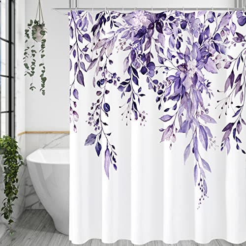 Gibelle Purple Eucalyptus Shower Curtain, Watercolor Plant Leaves with Floral Bathroom Shower Curtain Set, 72x72
