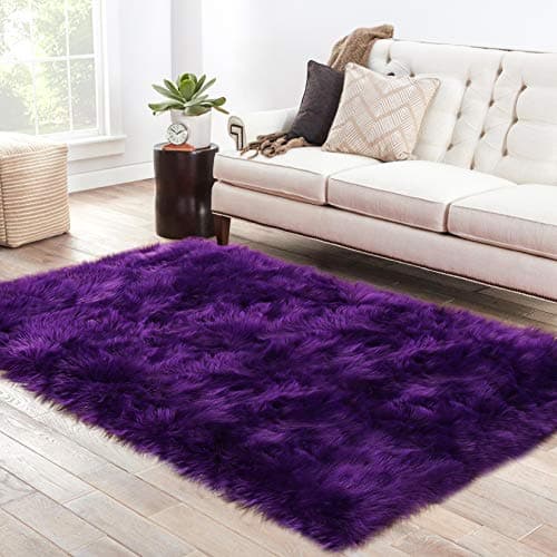 LOCHAS Soft Fluffy Faux Fur Rugs for Bedroom Bedside Rug 3x5 Feet, Washable, Furry Sheepskin Area Rug for Living Room Girls Room, Luxury Shag Carpet Home Decor, Purple