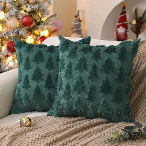 DFXSZ Christmas Tree Pillow Covers 18x18 inch Set of 2 Christmas Decoration Green Soft Plush Faux Fur Jacquard Throw Pillows for Bedroom Sofa Holiday Festivals Winter Home Decor PTK006A18