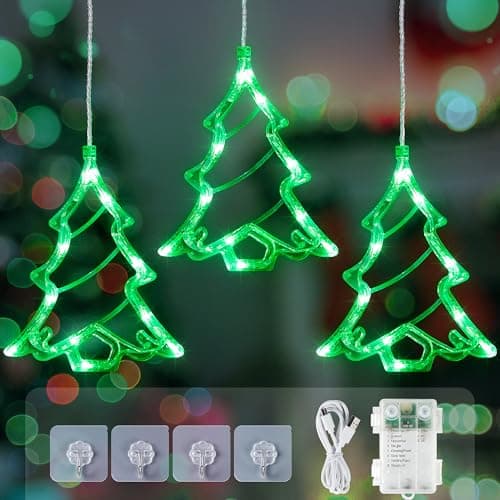 woohaha 30LED Christmas Window Lights,3 Christmas Tree Curtain String Lights USB/Battery Operated,Hanging Xmas Light for Indoor Outdoor Bedroom,Room,Wall,Party,Holiday Decorations(Green)