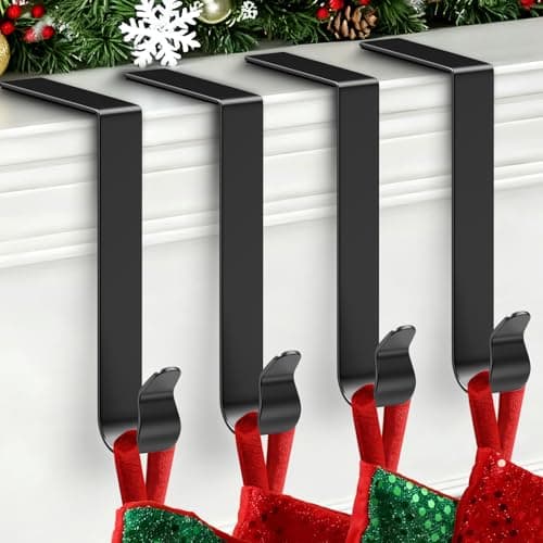 SPSHENG Christmas Stocking Holders for Mantle, Stocking Holders for Mantle Set 4, Fireplace Stocking Hangers for Tickness Mantel, Metal Hooks Garland Hanger for Christmas Party Home Decoration-Black