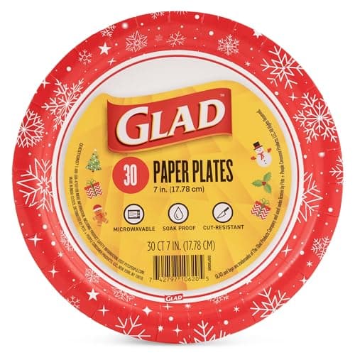 Glad Everyday Disposable Paper Plates with Holiday Red Snowflake Holiday Design - Heavy Duty Paper Plates, Microwavable Plate for Everyday Use - 7 Inch, 30 Count