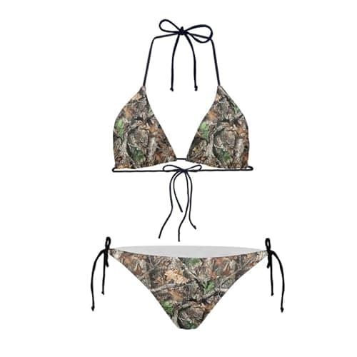 Jndtueit Hunting Forest Women Sexy Bikini 2 Piece, Camo Tree Cheeky Thong Swimwear Two Pieces Bathing Suit, Green Camouflage Halter String Triangle Bikinis