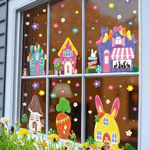 JOICEE 6 Sheets Easter Window Cling Decorations, 81 PCS Cute Cartoon House Bunny Flower Window Stickers Spring Decals for Easter Holiday Door Wall Glass Window Kids Home Decor