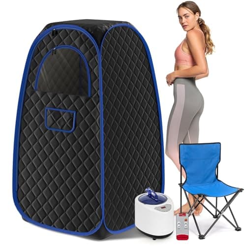 X-Vcak Foldable Steam Sauna, Portable Sauna for Home, Sauna Tent Sauna Box with 2.6L Steamer, Remote Control, Folding Chair, 9 Levels, Black with Blue