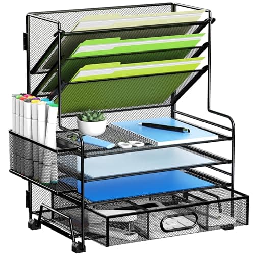 MINDEPOT 4-Tier Paper Organizer + 3-Pocket File Holder + Drawer + Pen Holders, Desktop File Organizers Paper Tray for Office Accessories School Classroom Organization (Black)