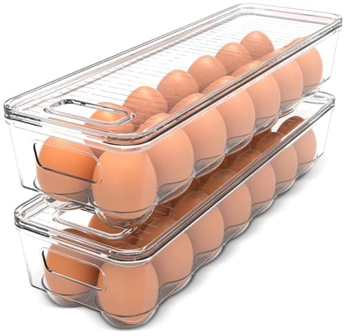 Utopia Home Egg Container With Lid and Handle for Refrigerator - Pack of 2 - Clear Stackable Egg Holder for Kitchen Storage and organization