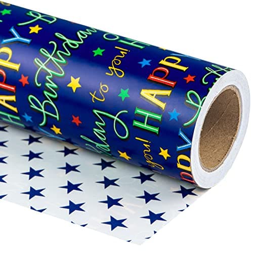 WRAPAHOLIC Reversible Birthday Wrapping Paper - Mini Roll - 17 Inch X 33 Feet - Colorful Happy Birthday Lettering and Stars Design for Birthday Party, Baby Shower, Holiday