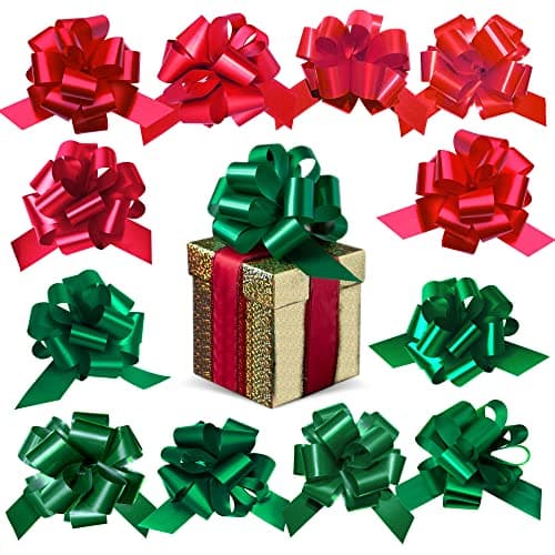 Eye-Catching Xmas Pull Bows for Easy Gift Wrapping with Ribbon - 5" Wide Wrap Bows for Christmas Tree Decoration, Holiday Décor, Present Wrapping, Baskets, Birthday, Easter - 6 Green and 6 Red Bows