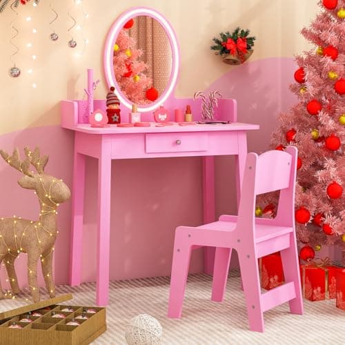 Costzon Kids Vanity, Girls Vanity Set with Mirror and Stool and Lights, Drawer, Jewelry Rack, 2 in 1 Wooden Princess Makeup Desk Dressing Table, Pretend Play Kids Vanity Table and Chair Set (Pink)