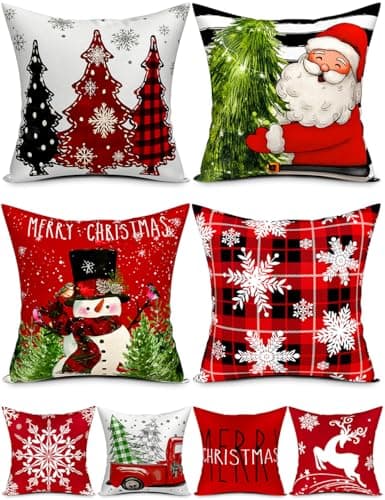 Double-Sided Print Christmas Pillow Covers 18''x18'', Set of 4, 8 Christmas Patterns Christmas Tree, Snowman, Snowflakes, Merry Christmas, Deer, Santa Claus,Truck, Let It Snow, Soft Linen Material