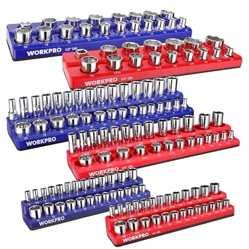 WORKPRO Magnetic Socket Organizer Set, 6-Piece Socket Holder Set Includes 1/4", 3/8", 1/2" Drive Metric SAE Socket Trays, Holds 143 Pieces Standard Size and Deep Size Sockets(Socket not Included)