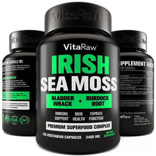 Organic Irish Sea Moss Capsules 2400 mg - Burdock Root and Bladderwrack Powder Real Seamoss Pills for Immune Support, Joint and Gut Health Help - Raw Sea Moss Advanced Herbal Supplement - USA Made